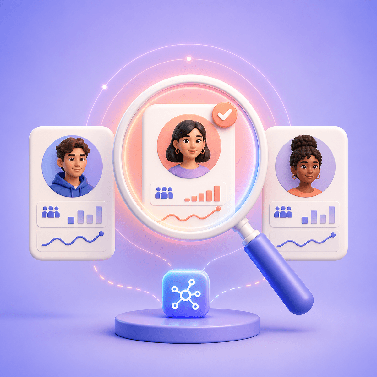 여러 인스타그램 크리에이터 후보 중 브랜드에 맞는 인플루언서를 AI 돋보기로 찾는 3D 일러스트